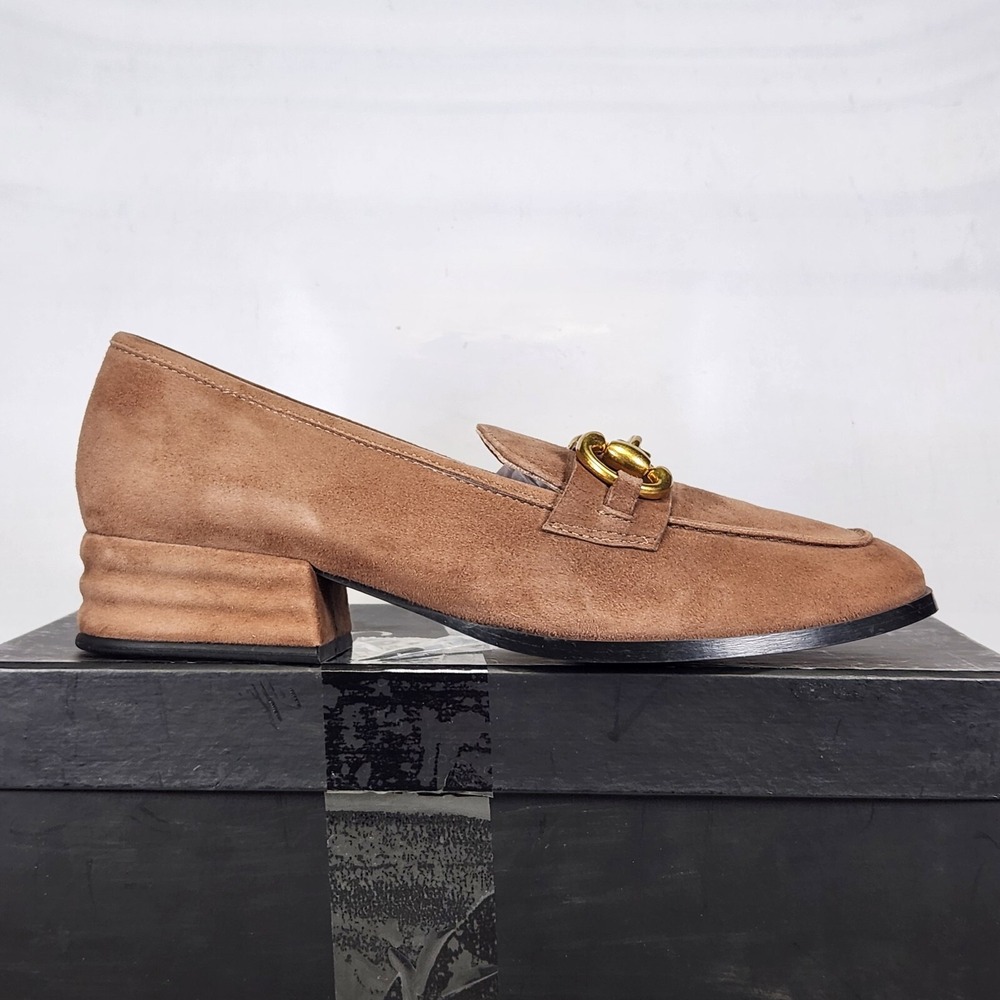 Saint G Jenny Loafers Women Size 39 Taupe Suede Horsebit Block Heel Shoes